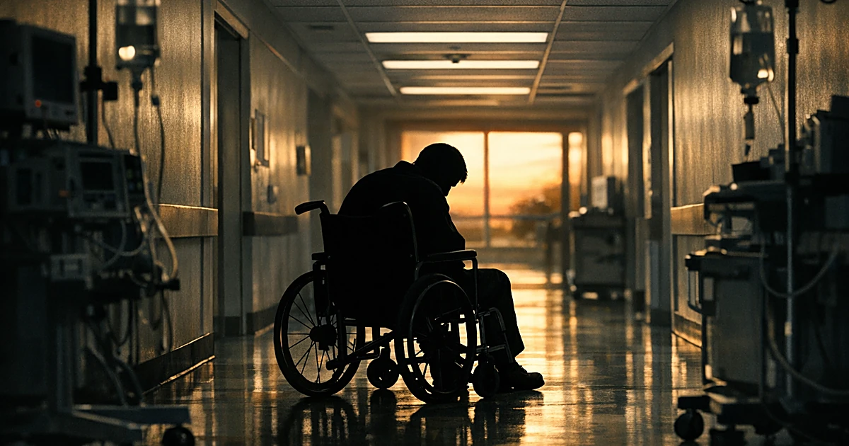Silhouetted figure in wheelchair in hospital corridor with medical equipment, backlit by fluorescent lights