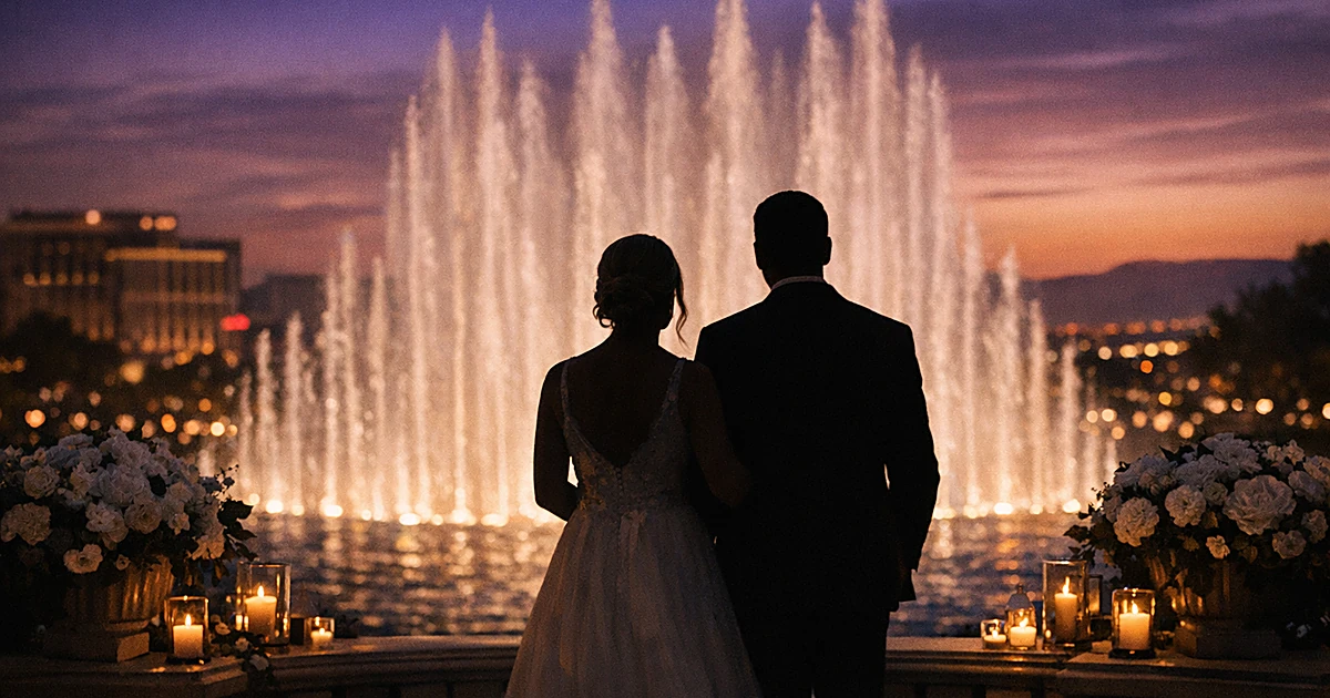Silhouetted wedding couple on terrace overlooking illuminated fountains at dusk with casino lights in background