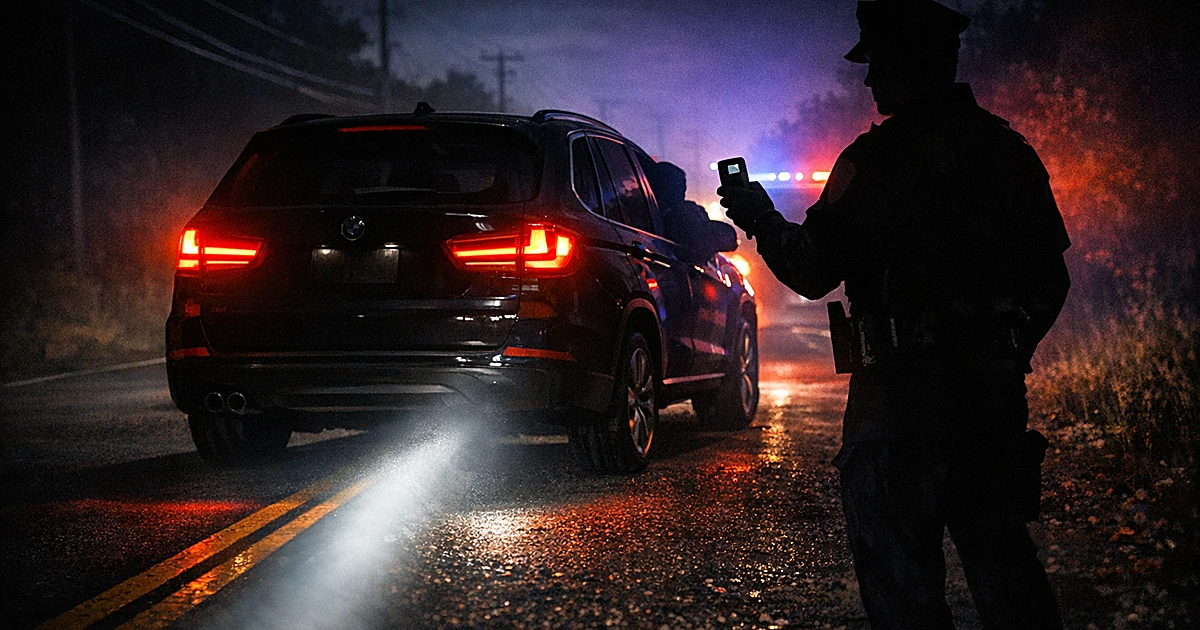 Police officer silhouette conducting roadside sobriety stop next to BMW SUV at night with emergency lights