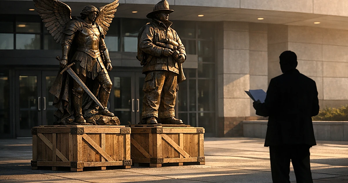 Bronze statues of winged warrior and firefighter on crates outside modern government building with distant silhouette