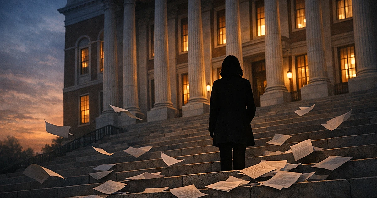 Silhouetted person facing state capitol building steps with scattered papers in foreground at dusk