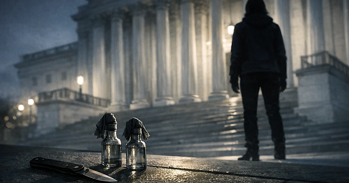 Silhouetted person standing before government building columns with knife and bottles on ground beside them