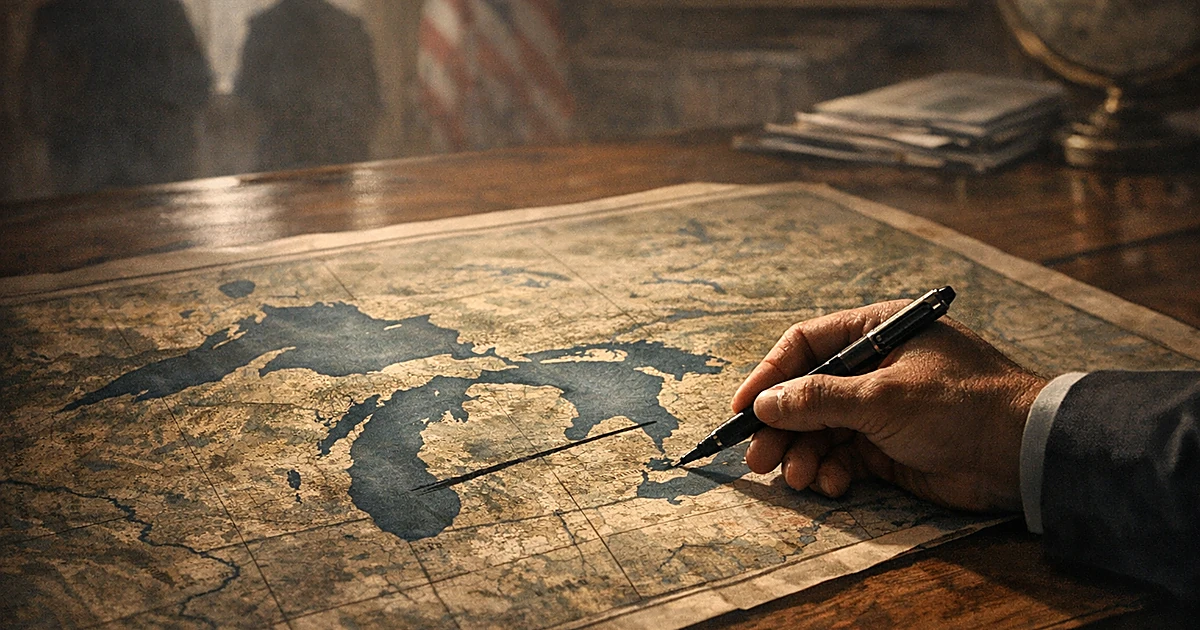 Hand with pen hovering over Lake Ontario on a vintage map of the Great Lakes spread across a desk