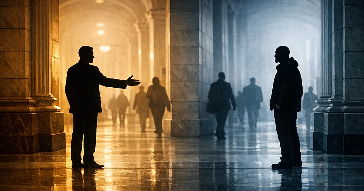 Two silhouetted figures reach across a divided government corridor in gesture of bipartisan acknowledgment