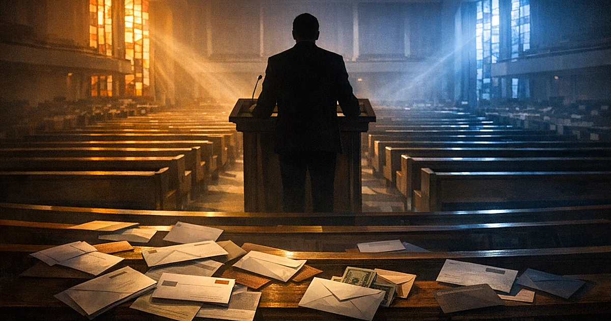 Silhouetted figure at podium in large church sanctuary with donation envelopes scattered across pews in dramatic light