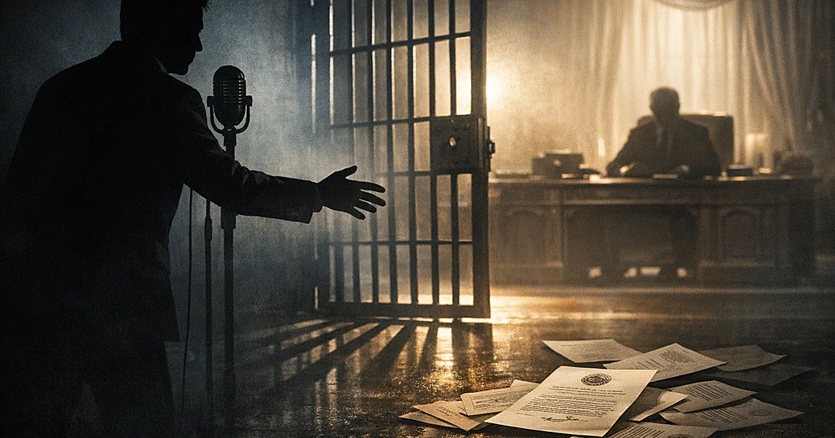 Silhouetted figure at radio microphone reaching toward desk with prison door between them and scattered documents