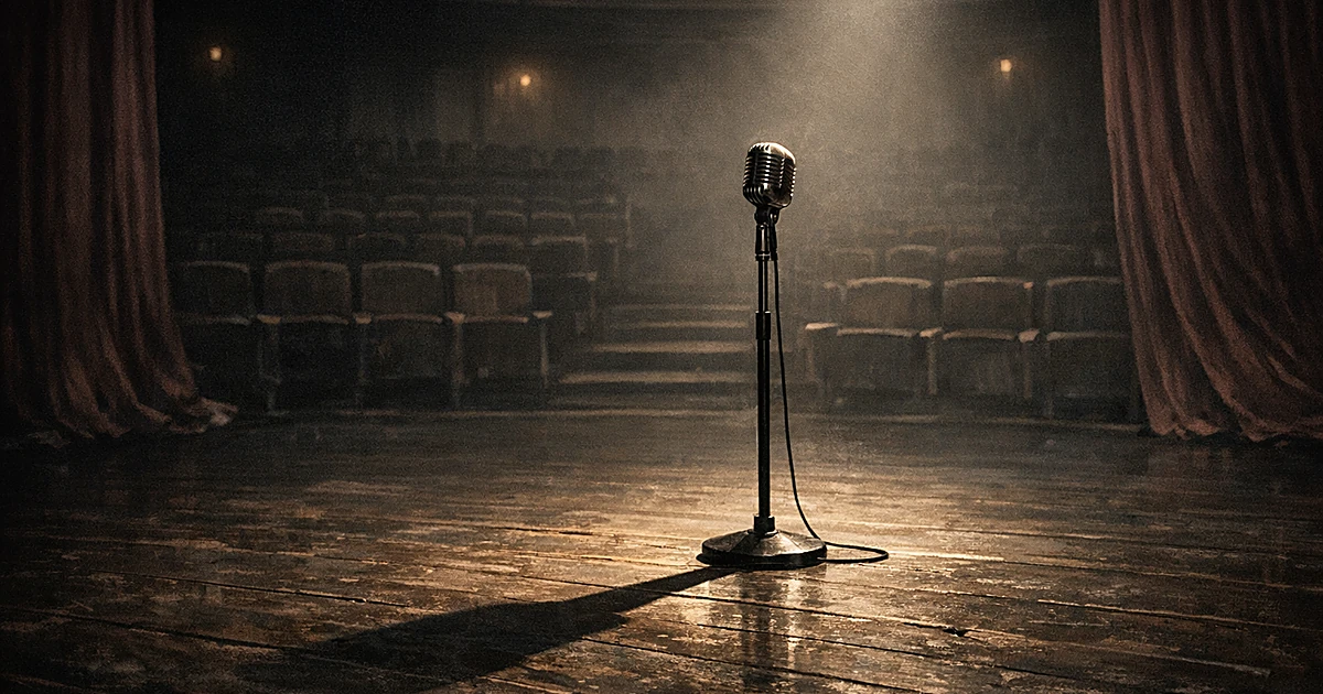 Empty stage with vintage microphone under spotlight, theater seats fading into darkness with burgundy curtains