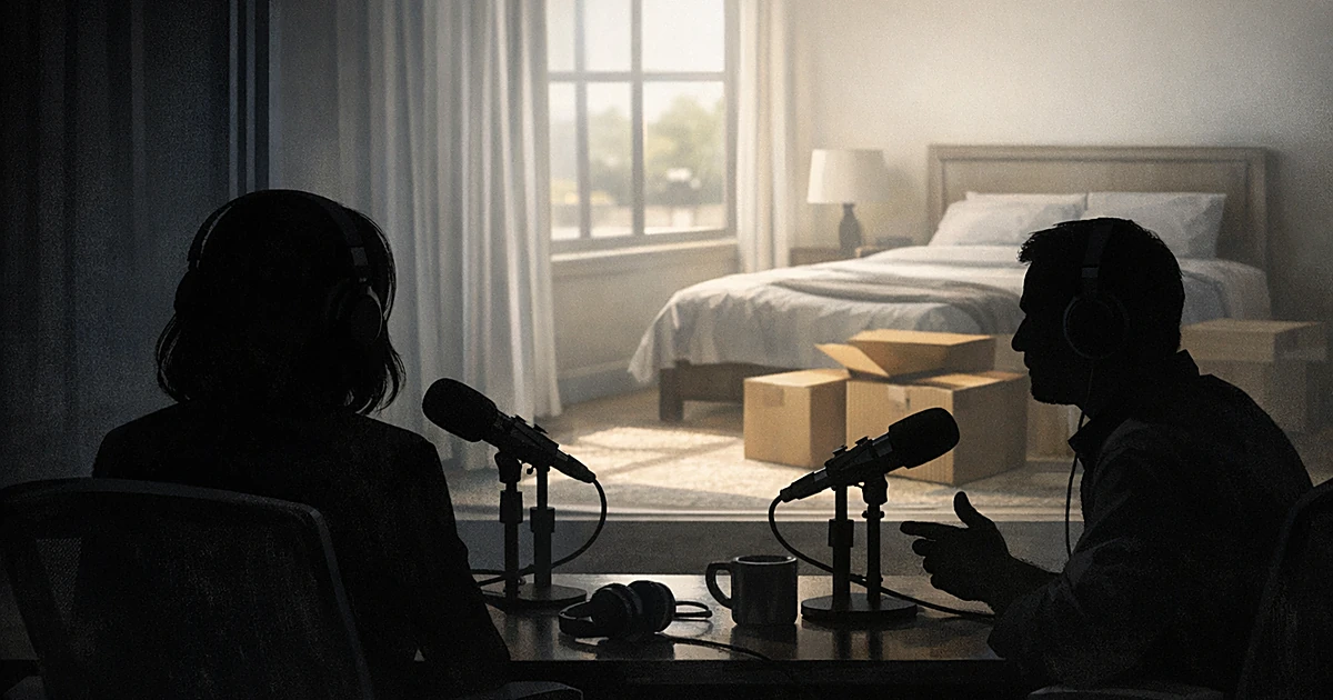 Silhouettes of two people in podcast studio with view of empty bedroom and moving boxes through window behind them