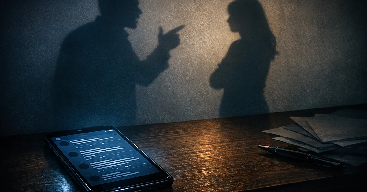 Smartphone on desk showing social media posts with two human shadows cast on wall behind in dramatic lighting