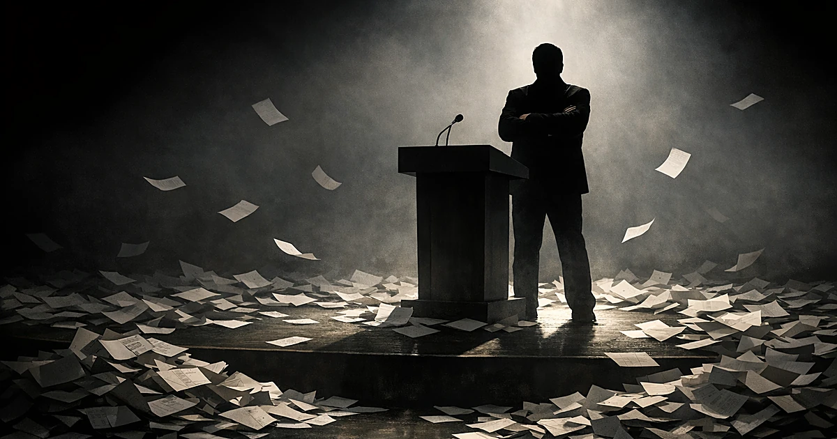 Silhouetted figure at podium surrounded by scattered ballot papers on empty stage with dramatic lighting