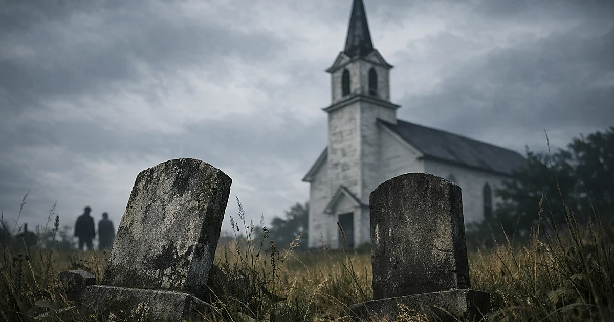Church steeple casting shadow over two old weathered headstones in overgrown cemetery under gray sky