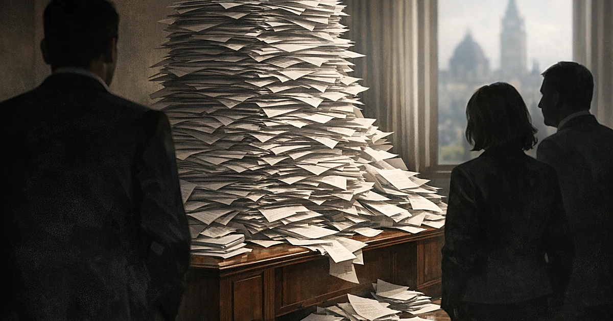 Enormous stack of petition papers overflowing on desk with silhouetted officials viewing from behind