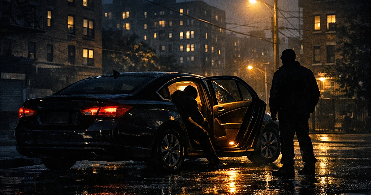 Dark sedan with open door on night street, silhouetted figures nearby, urban apartment buildings in background