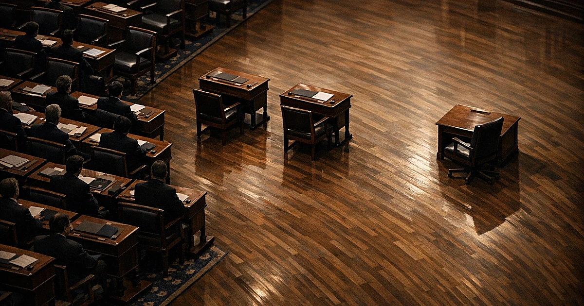 Aerial view of Senate chamber with separated desks and one empty seat, showing fractured seating arrangement