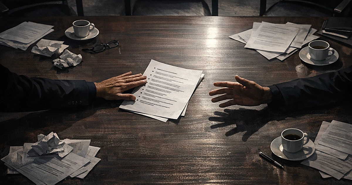 Overhead view of conference table with document being pushed away during tense negotiation
