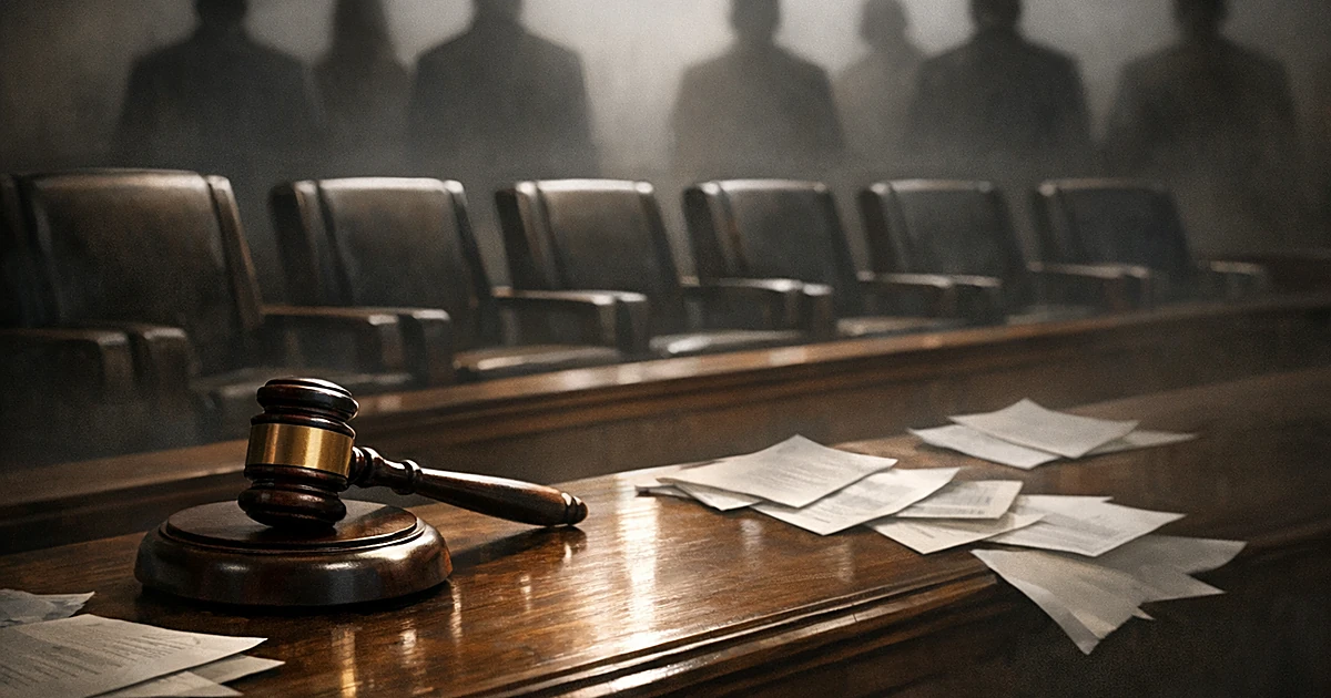 Judge's gavel on bench with six empty chairs and scattered documents, silhouetted figures in background