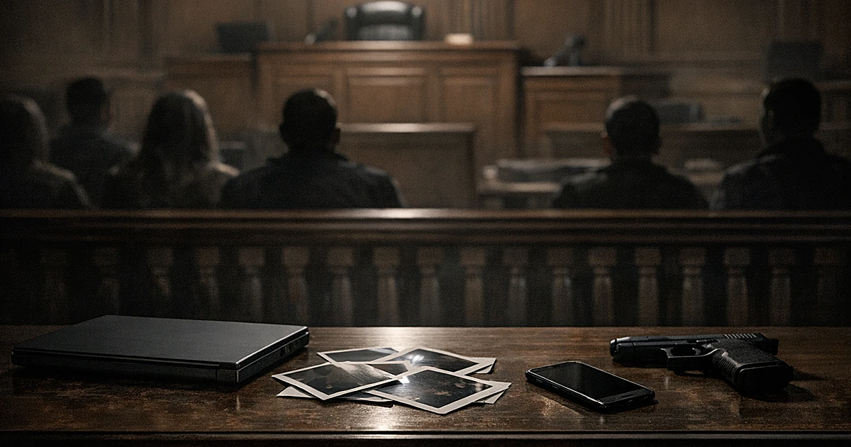 Courtroom interior with silhouetted figures and evidence items including laptop and phone on table in foreground