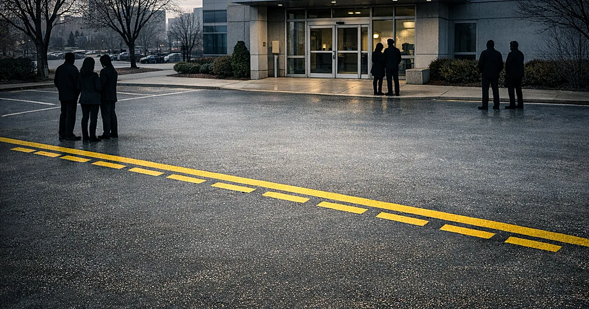 Silhouetted figures separated by a painted buffer zone line outside a medical facility entrance