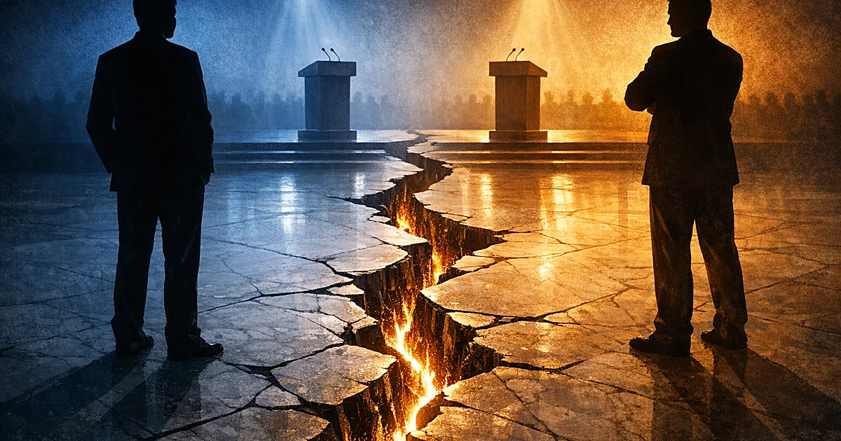 Two silhouettes separated by a glowing crack in floor, casting shadows toward a distant podium in spotlight