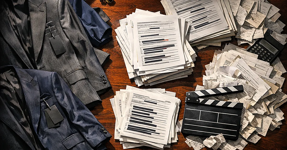 Overhead view of desk with designer suits, tax documents, and film production equipment amid financial papers