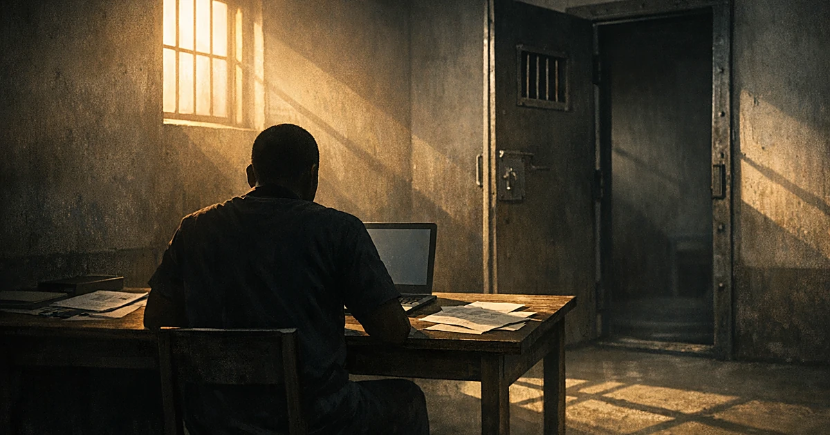Journalist silhouette at desk in sparse room with barred door ajar, light streaming through window after release