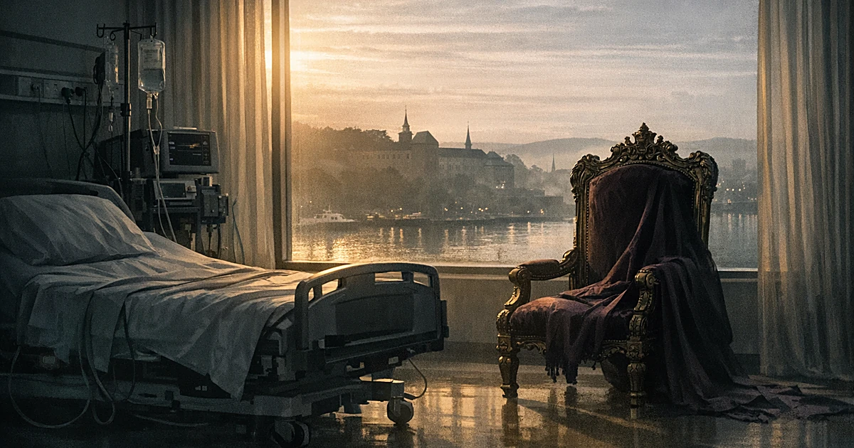 Empty ornate chair beside hospital bed in dawn light, Oslo cityscape visible through window in morning fog