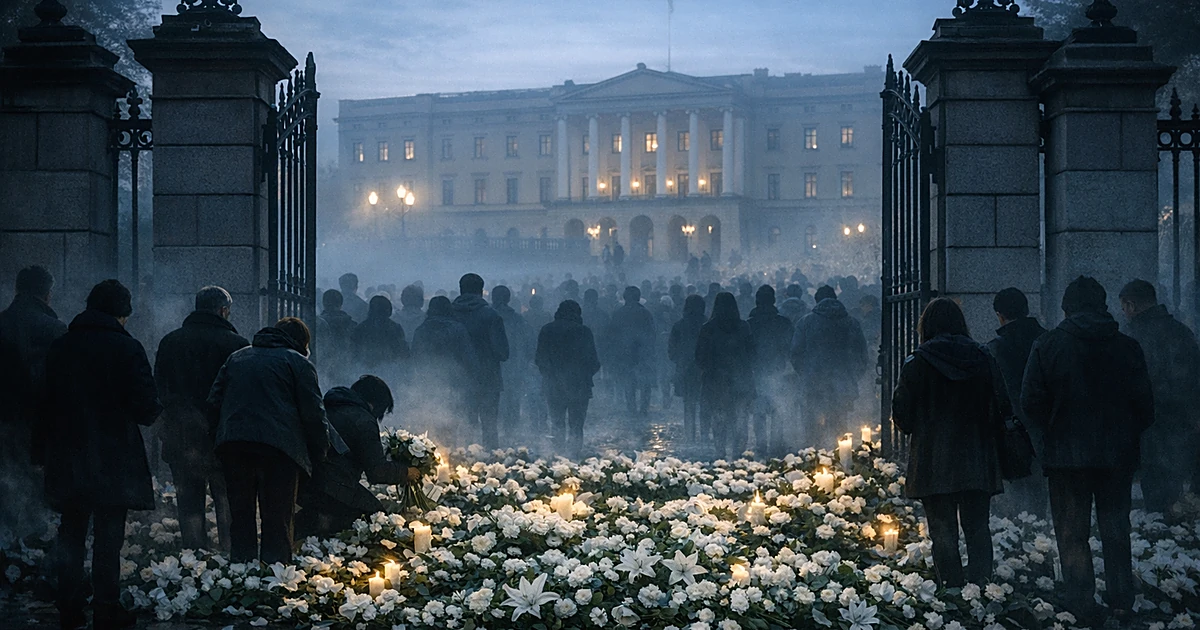 Silhouetted mourners laying flowers at palace gates in early morning light, Oslo
