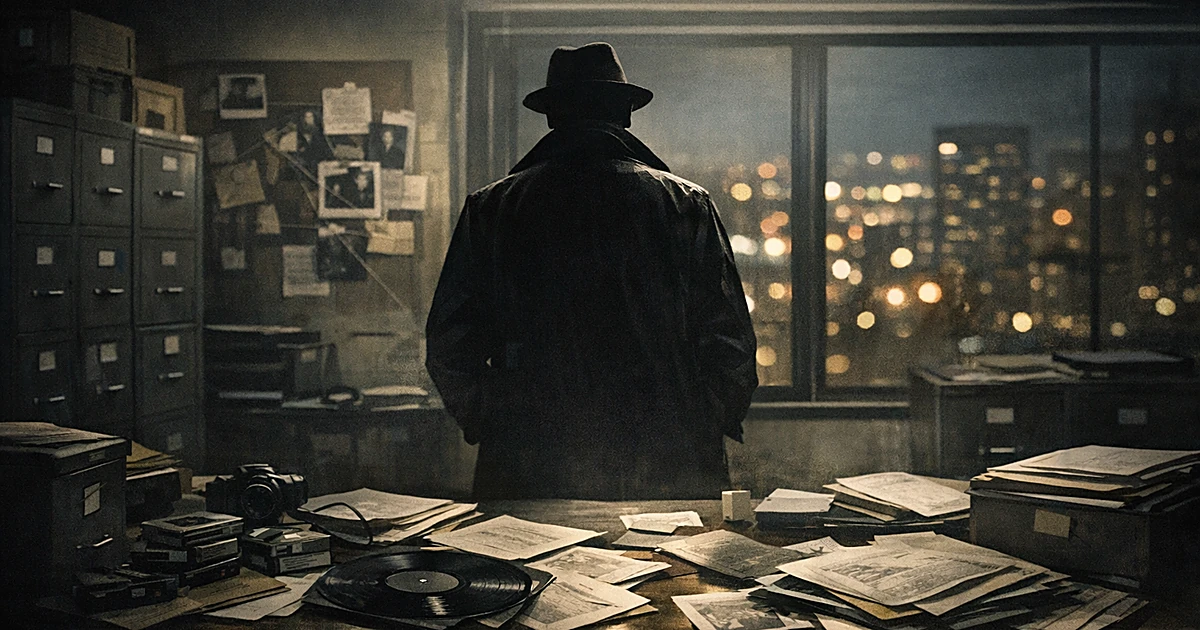 Detective silhouette in evidence room with case files, records, and tapes under fluorescent lighting