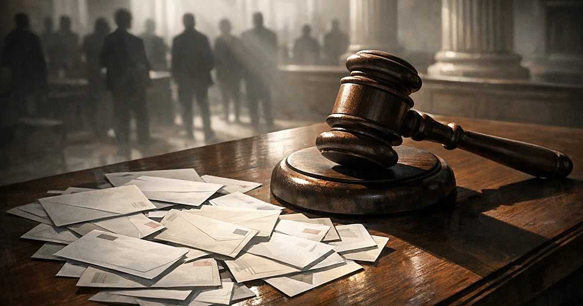 Judicial gavel on bench with mail-in ballot envelopes and silhouetted figures in courthouse interior