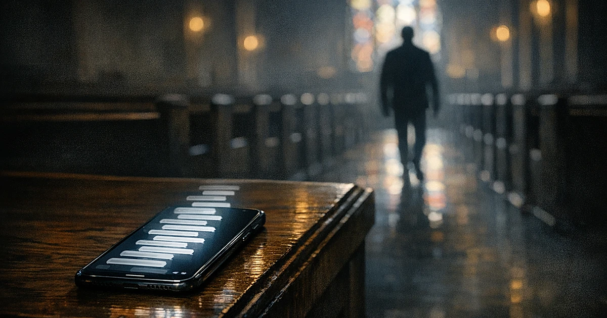Illuminated smartphone on church pew showing text messages, with silhouetted figure walking away in background