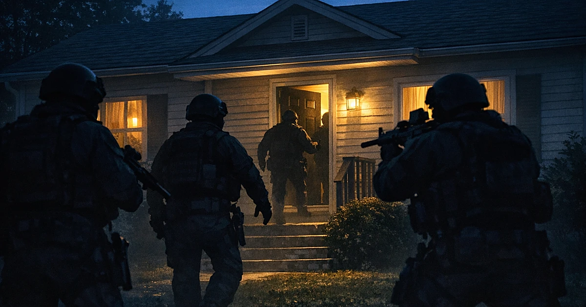 Silhouettes of armed agents approaching a suburban home at dawn, creating contrast between domestic peace and enforcement