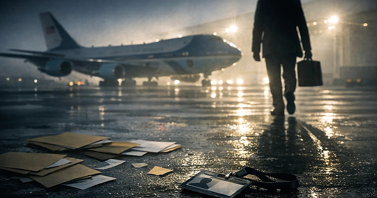 Silhouetted figure walking away from presidential aircraft with discarded security credentials on tarmac