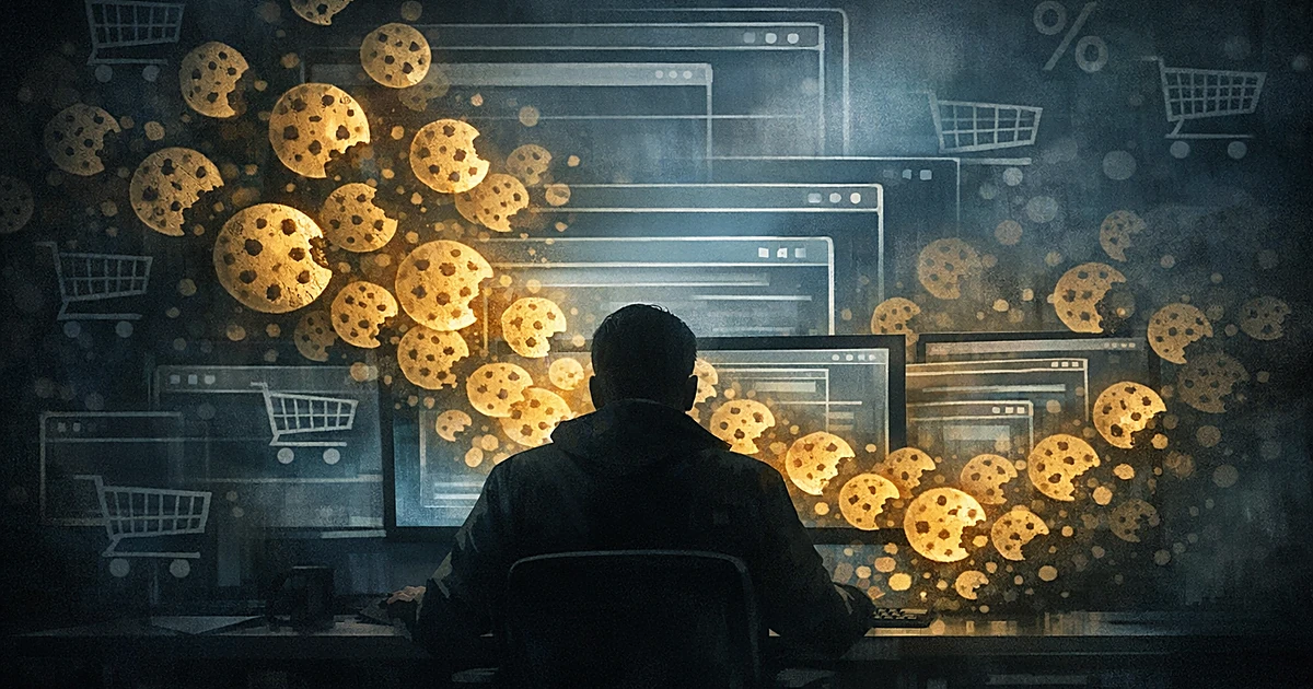 Silhouetted person at computer with floating digital cookies and shopping carts representing cookie stuffing scheme