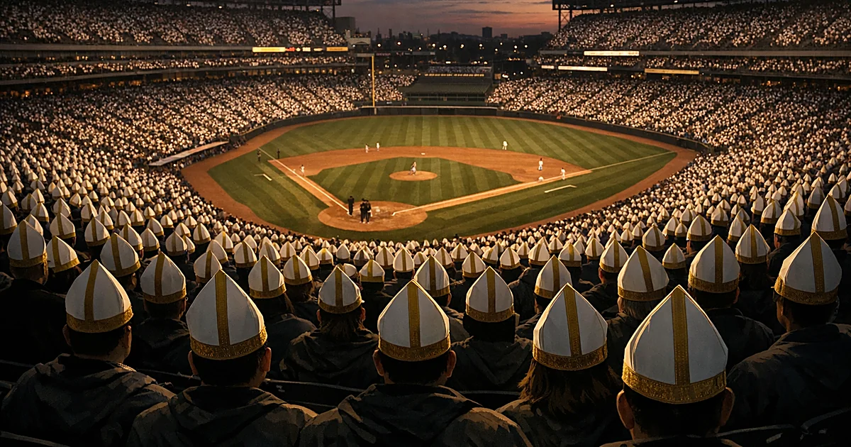 Aerial view of crowded baseball stadium with spectators wearing white pointed ceremonial hats viewed from behind