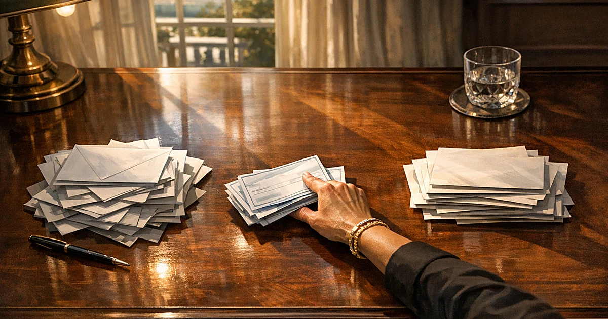 Hand moving donation checks from one pile to another on an elegant desk, symbolizing political donor defection