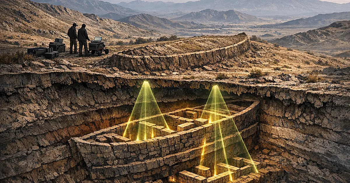 Aerial view of boat-shaped rock formation with cross-section showing underground geometric structures and radar equipment