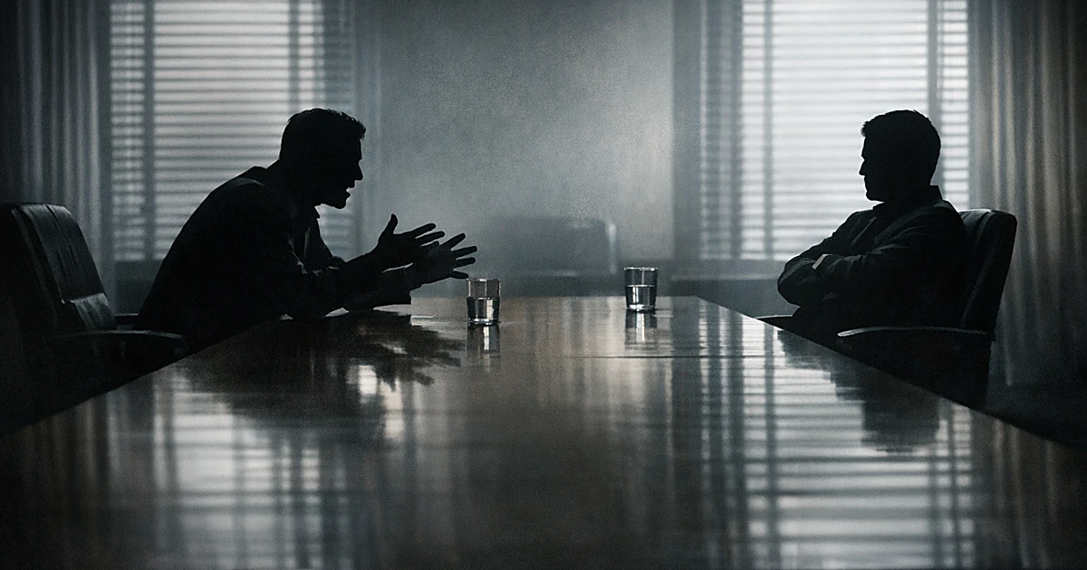Two silhouetted figures in tense confrontation across a conference table in a shadowy meeting room