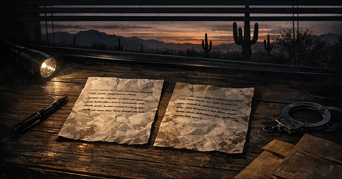 Two ransom notes on a desk with Arizona desert silhouette visible through window blinds in dim lighting