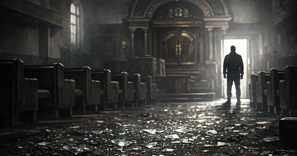 Empty synagogue interior with shattered glass on floor and silhouetted figure in doorway