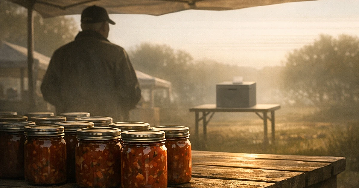 Farmer's market table with salsa jars in foreground, silhouetted vendor behind table, ballot box visible in background