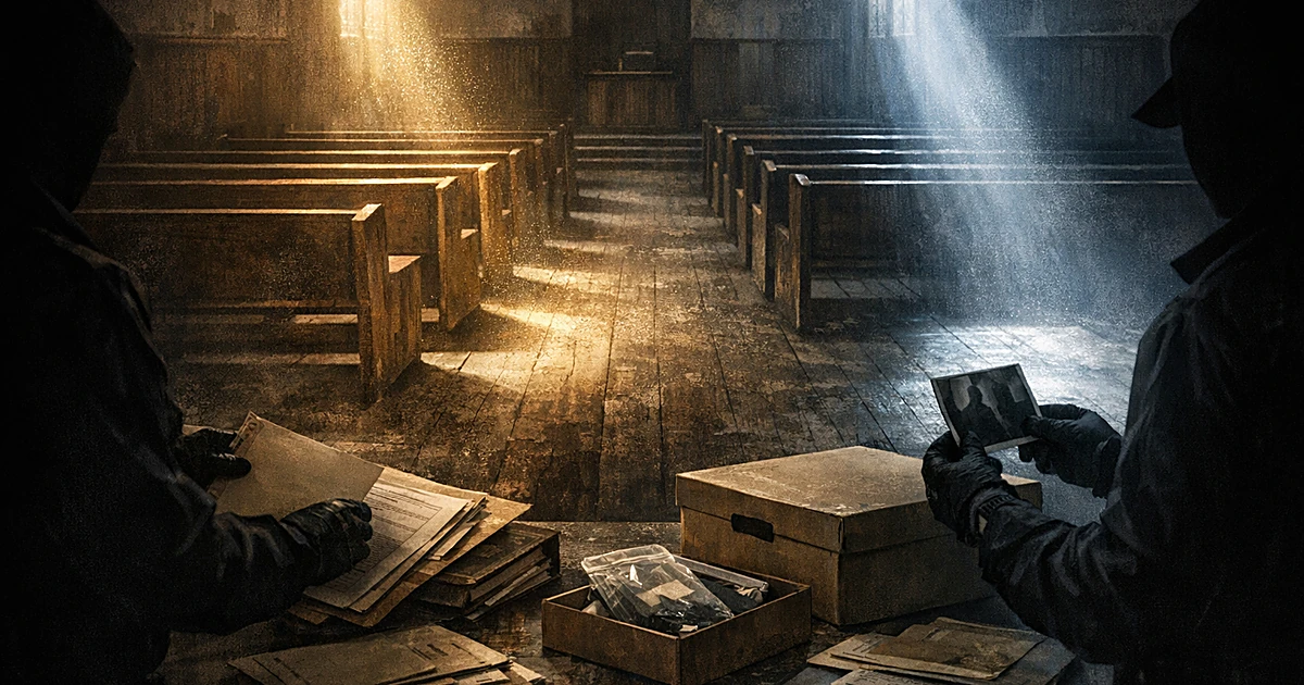 Church interior with empty pews and two beams of light, with silhouetted hands examining cold case files in foreground