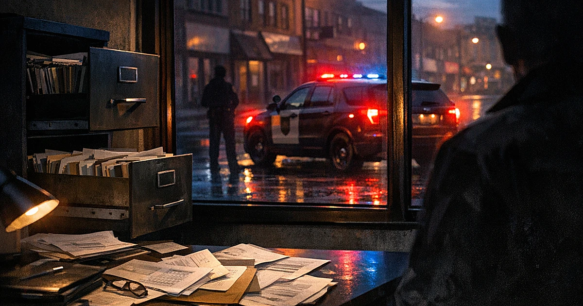 State patrol car outside urban storefronts with investigation documents and files on desk in foreground