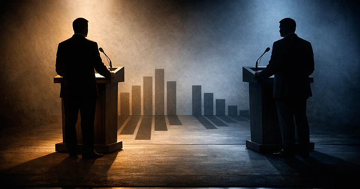 Two silhouetted figures at podiums with contrasting lighting and bar graph shadows showing different polling heights