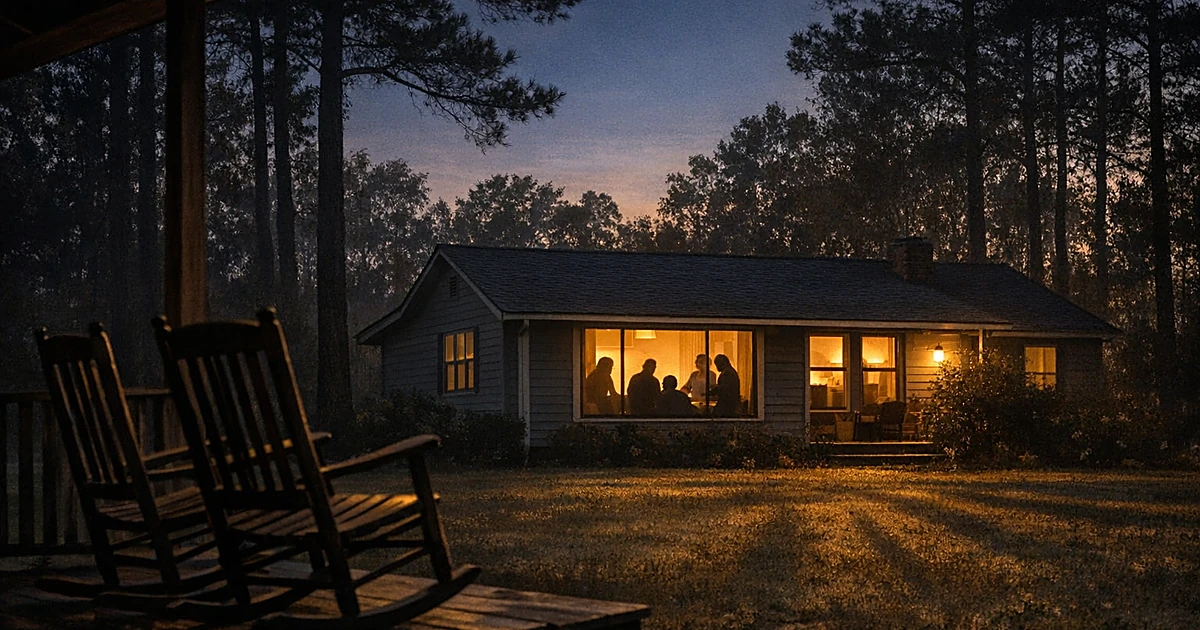 Georgia home at dusk with lit windows and empty porch chairs, pine trees in background