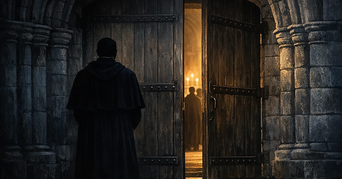 Lone cleric silhouette separated from distant group in stone church archway, symbolizing religious excommunication