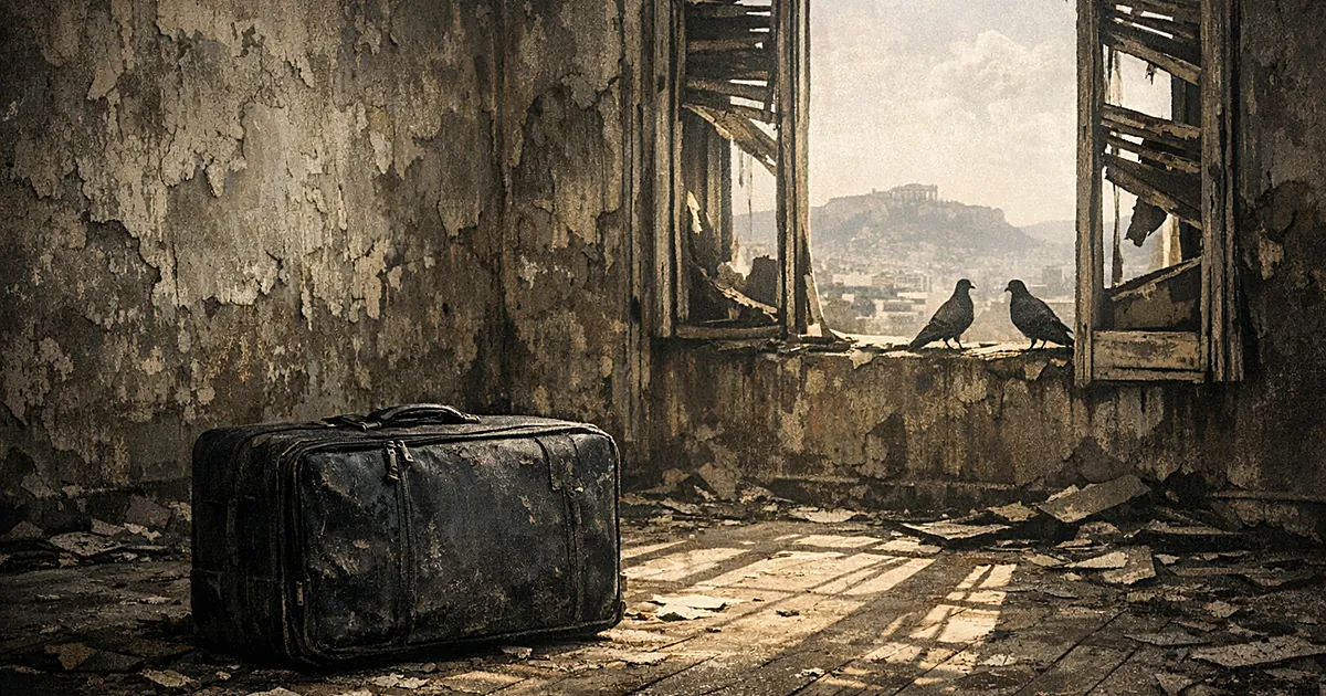 Abandoned suitcase on floor of derelict building with sunlight streaming through broken windows