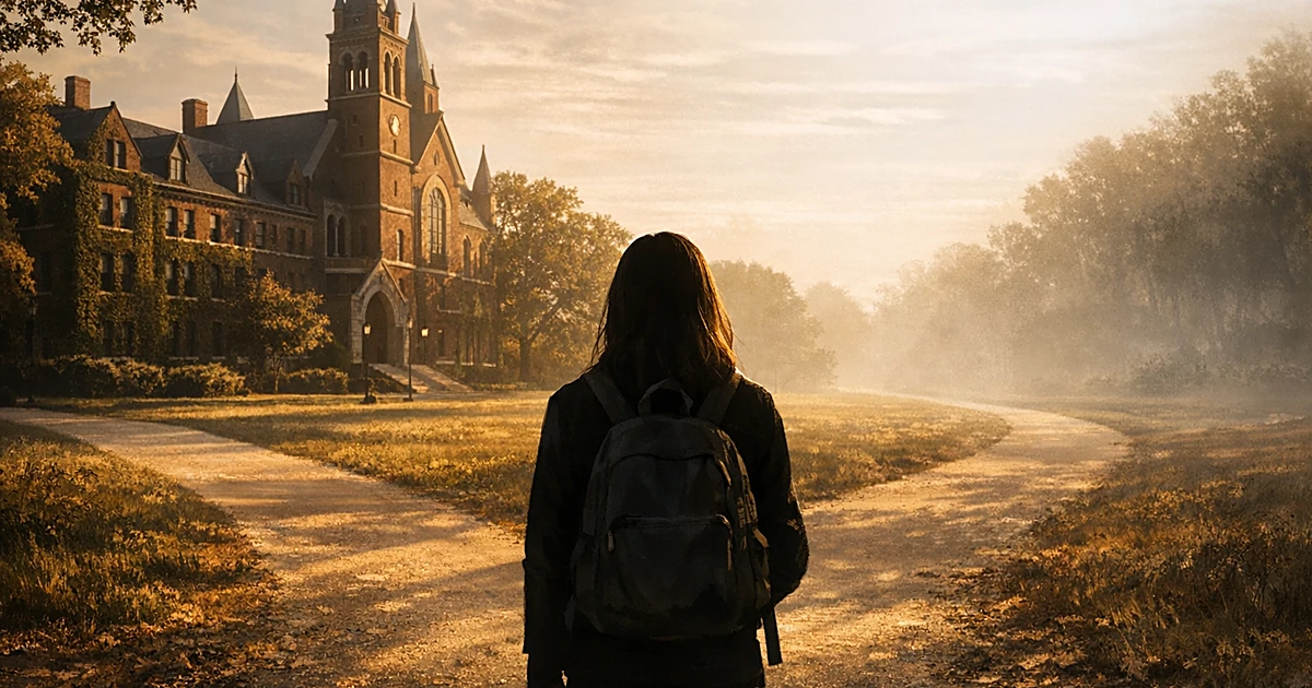 Silhouette of person at crossroads between ivy-covered university buildings and uncertain path in golden light
