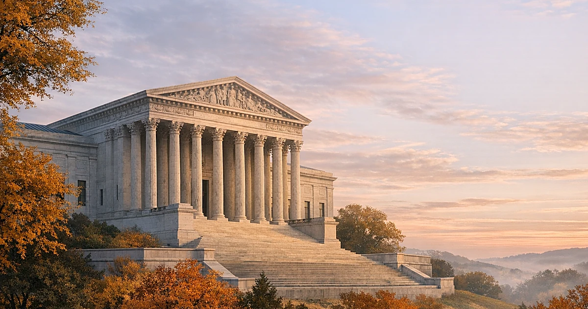 Classical courthouse building with columns on a hill surrounded by autumn trees at dawn