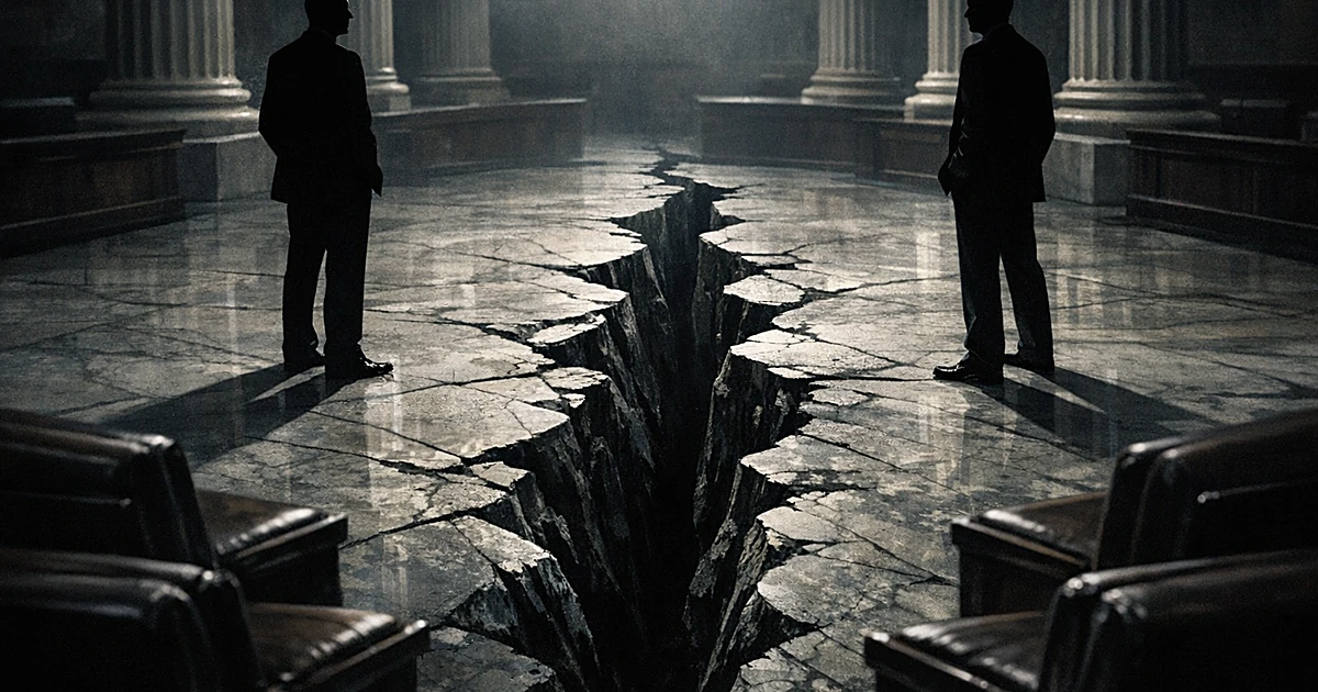 Silhouetted figures separated by cracked floor in capitol interior representing political division over allegations