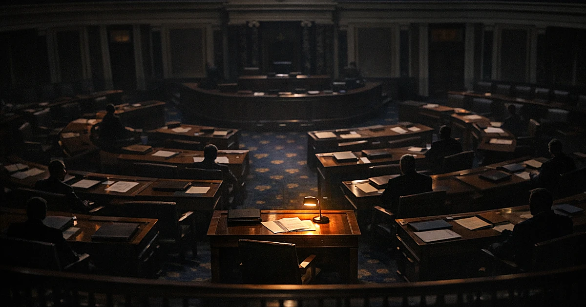Senate chamber at night with one illuminated desk among shadowed rows, silhouetted figures scattered throughout
